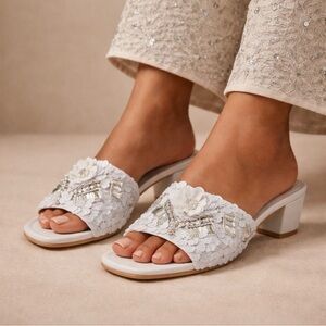 White Embellished Women's Slide Sandals